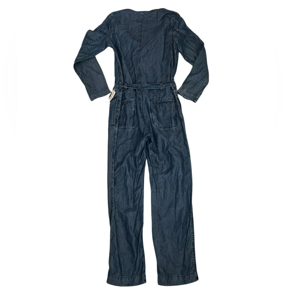 Free People Chambray V-Neck Utility Jumpsuit Tie Waist Size 4 NWT